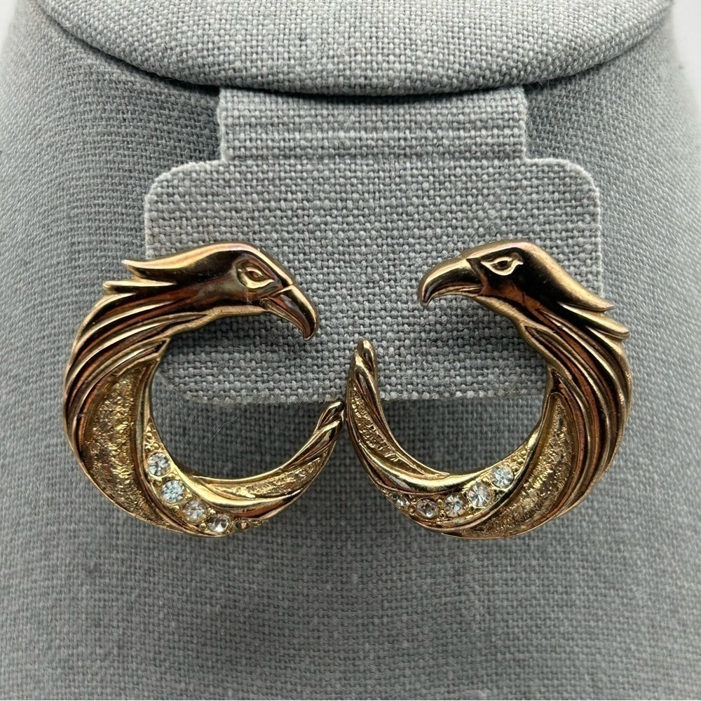 Large Statement Runway Gold Tone Hawk Head Stud Pierced Earrings Rhinestones